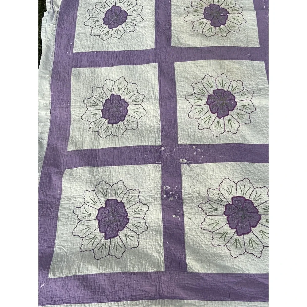 1927 Vintage Quilt Lilac Purple Embroidered Flower Hand Stitched 69